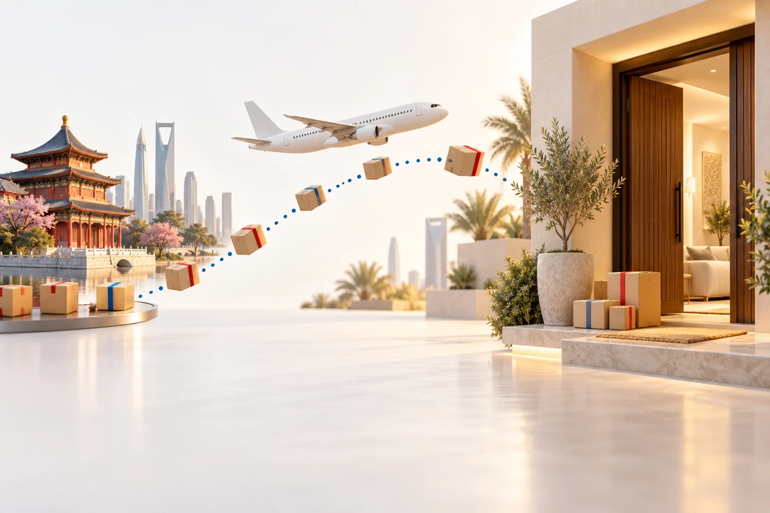 Small parcels following a dotted flight path toward a home