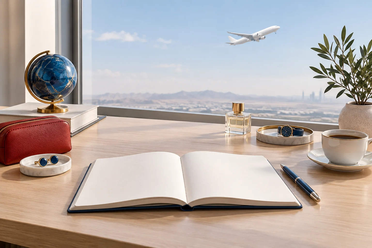 مكتب عمل عليه عينات منتجات صغيرة ودفتر ملاحظات وقلم وخلفه نافذة تطل على سماء فيها طائرة بعيدة بلا شعار.