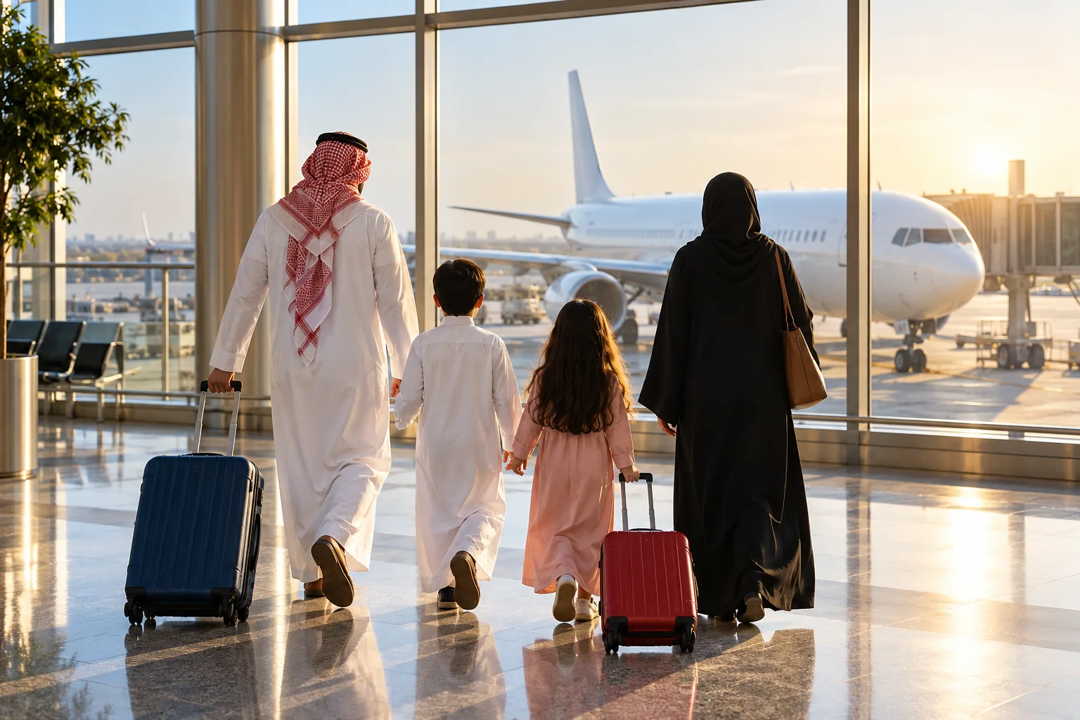 A family walking through an airport toward a neutral white aircraft