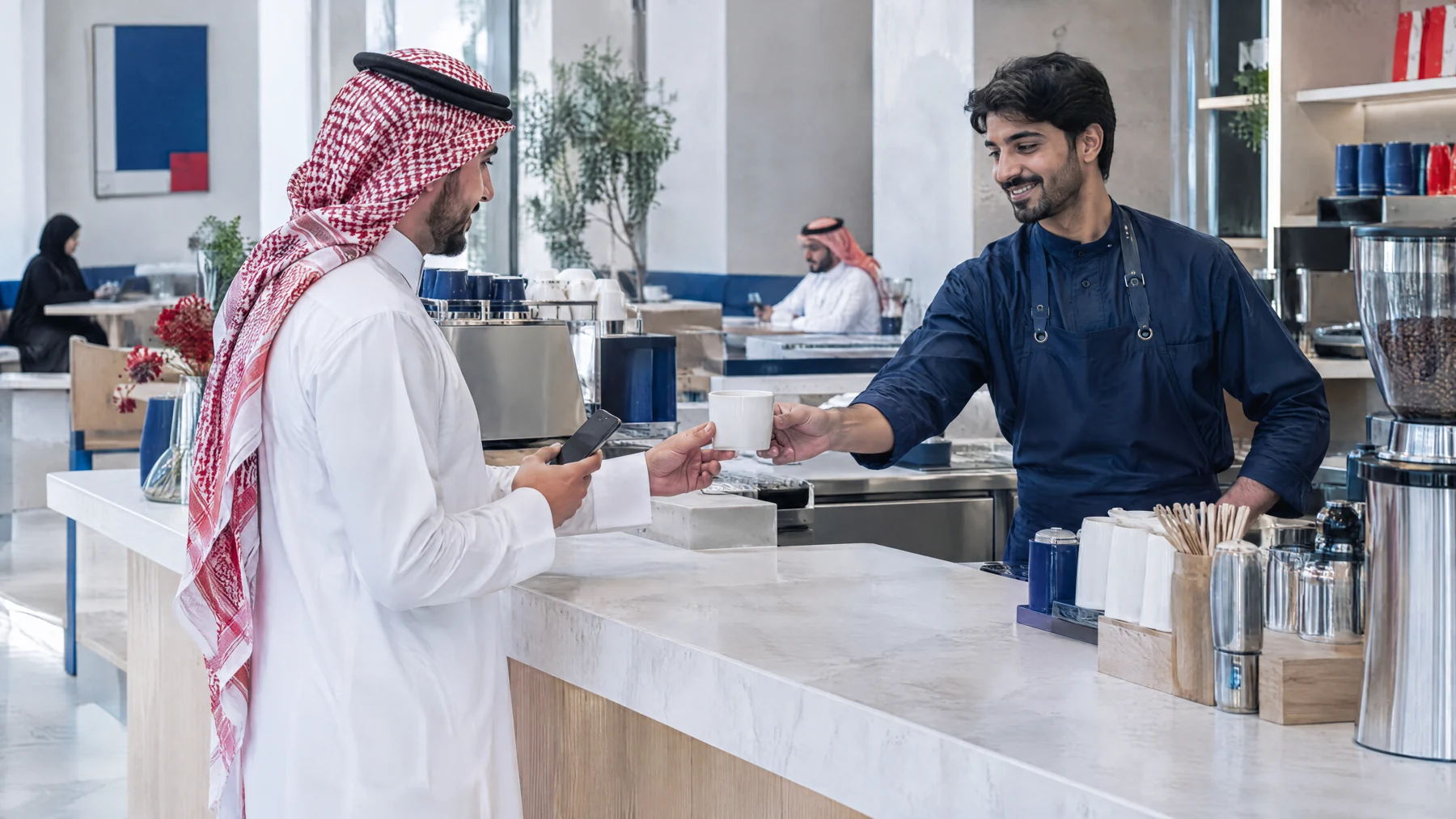 An illustrative scene of a customer being served at a Saudi café