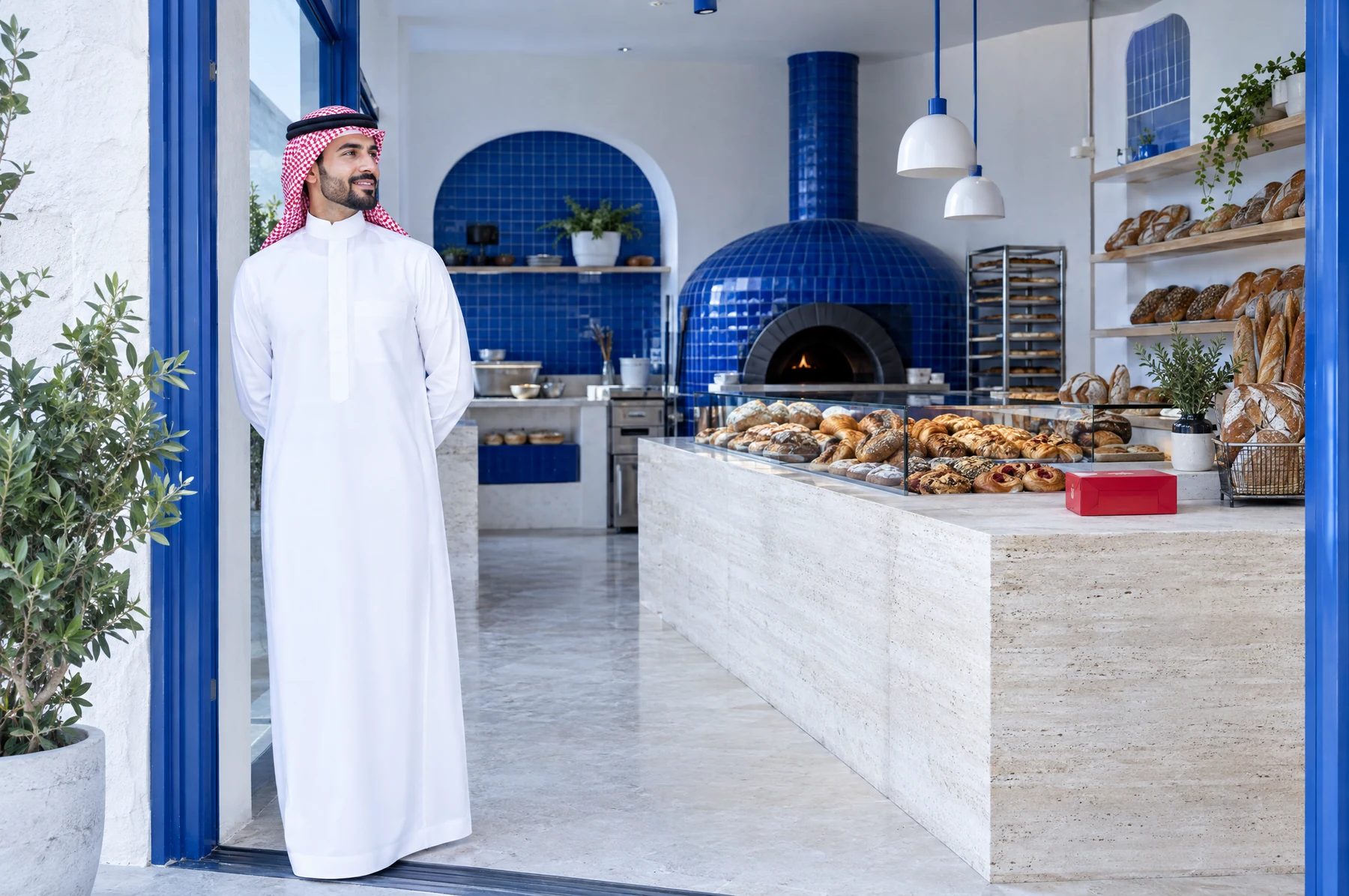 صاحب مخبز سعودي يقف في متجره
